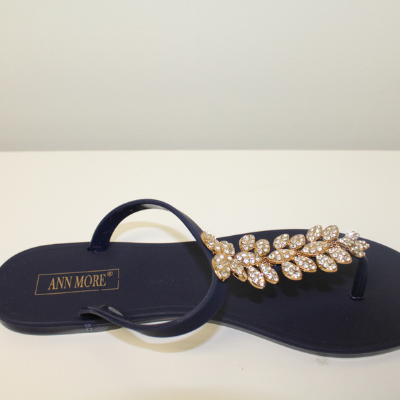 Womens Navy Blue Rhinestone Jelly Sandals - Picture 3 of 6
